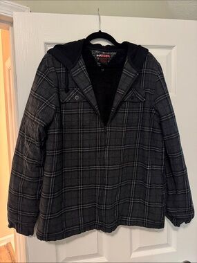 Tony Hawk Gray and Black Plaid Hooded Shirt Jacket